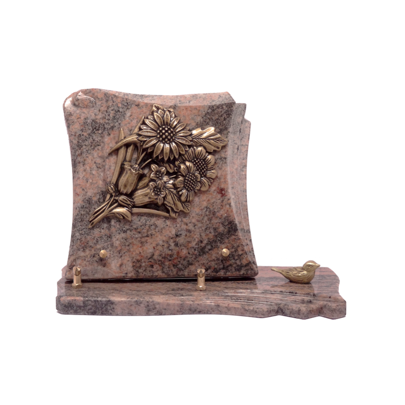 Plaque granit sur socle bronze Roses et oiseau